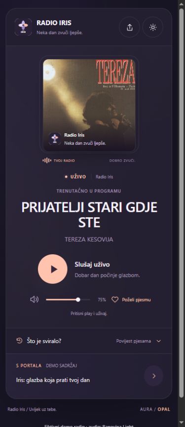 Opal web player s fiktivnim identitetom Radio Iris