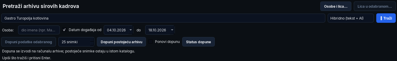 Archive controls with the query Gastro Turopolja kotlovina and a date filter.