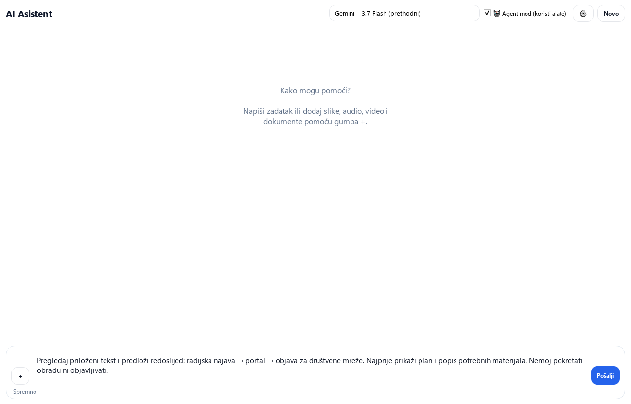Prepared AI assistant query for the sequence of a radio announcement, website and social media.