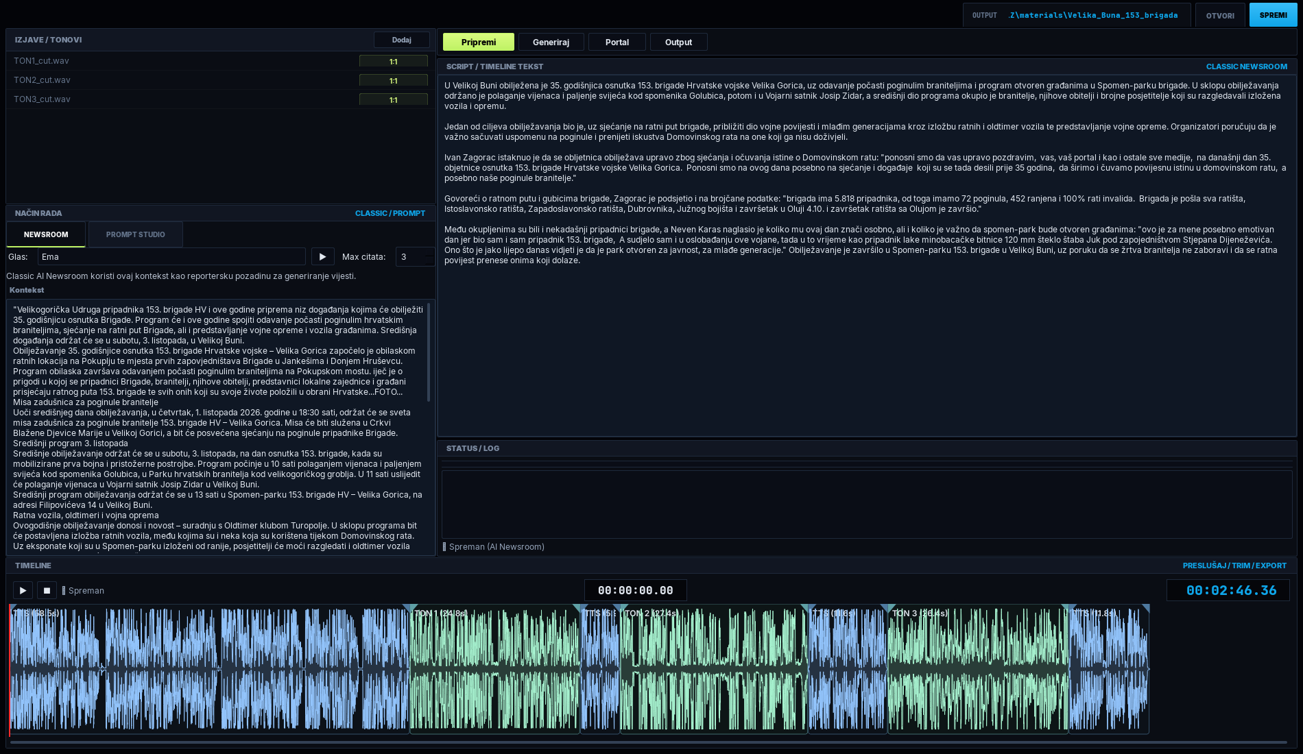 Radio Newsroom with interviews, report text and an audio timeline.