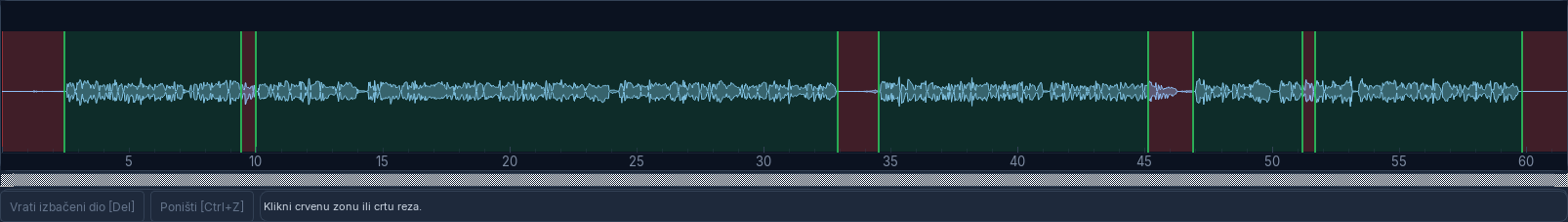 Speech waveform with retained sections in green and removed sections in red.